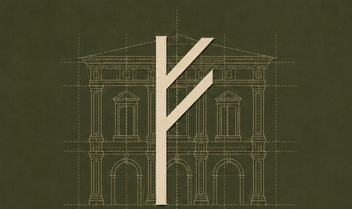 Favoretti Construction — Fehu rune over a classical blueprint